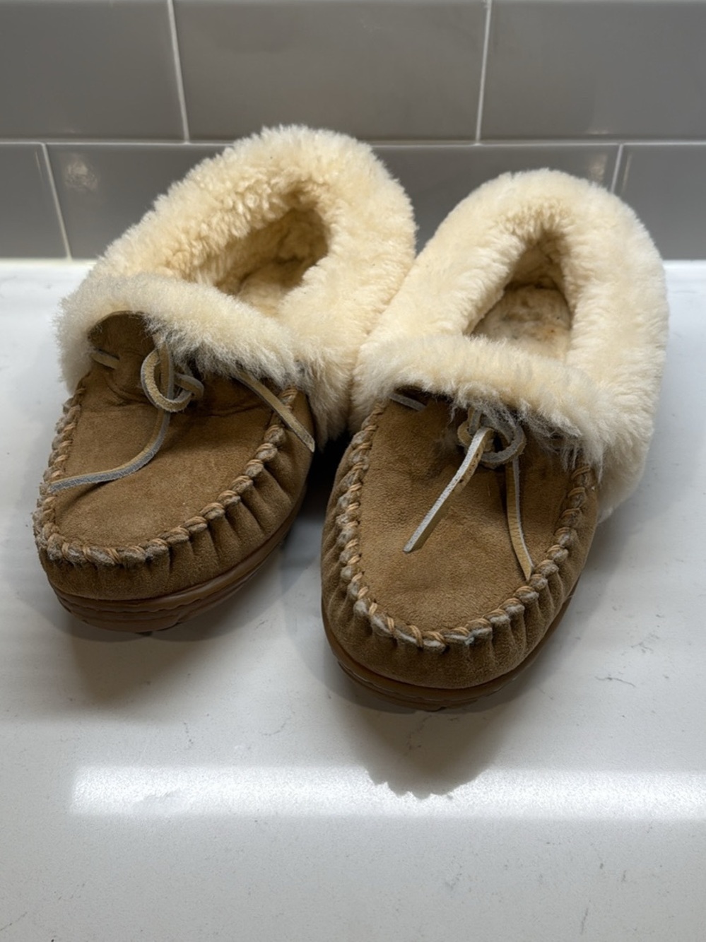 L.L. Bean Women's Chestnut Suede Moccasin Slippers with Cream Shearling